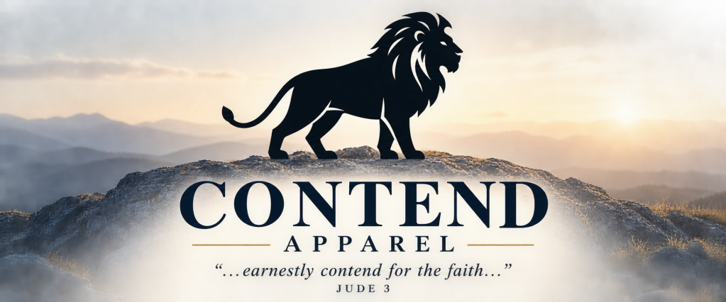 Logo of Contend Apparel featuring a silhouette of a lion on a mountain landscape background, along with the text 'CONTEND APPAREL' and a quote from Jude 3.