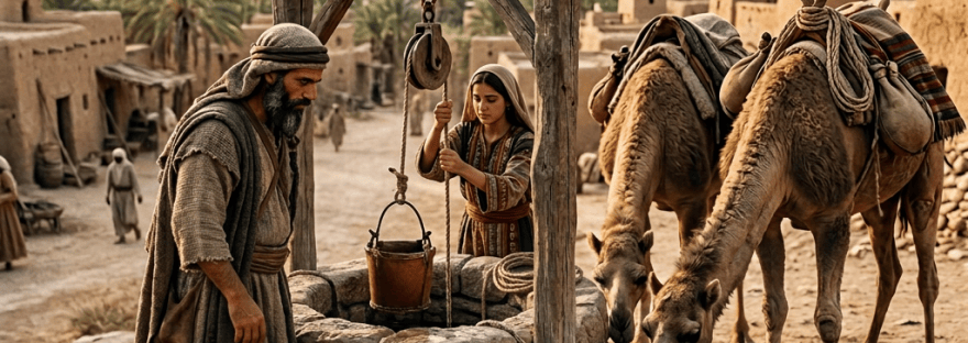 Man drawing water from a stone well while two camels drink nearby