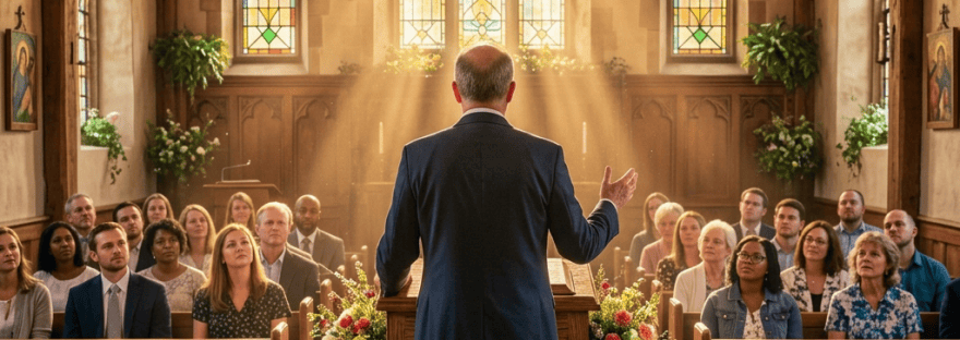 Preacher speaking from a carved wooden pulpit in a church