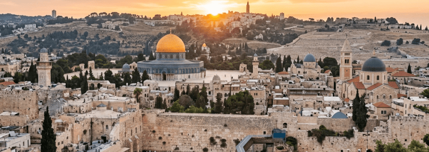 Jerusalem Old City at sunset with Dome of the Rock and Western Wall
