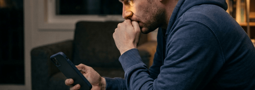 Man sitting in living room, thoughtfully reading a smartphone