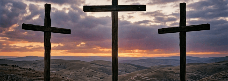 Three mourners kneel beneath Jesus on a central crucifix between two crosses