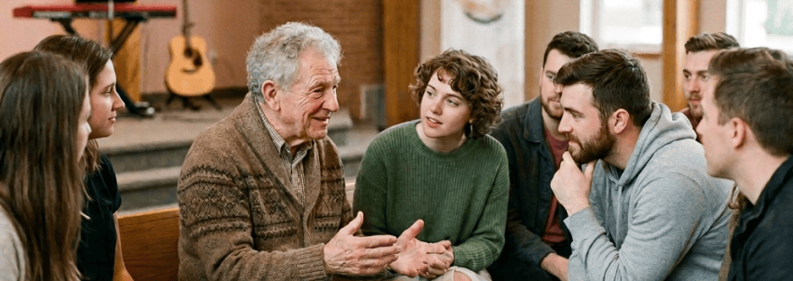 Older man speaking with a diverse group seated in a community room